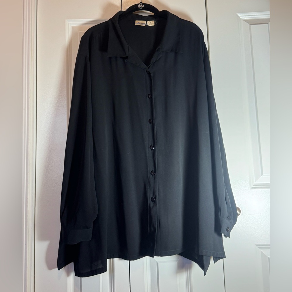 Anna Black Sheer Tunic Blouse 3X Button Front Flowy Long Sleeve